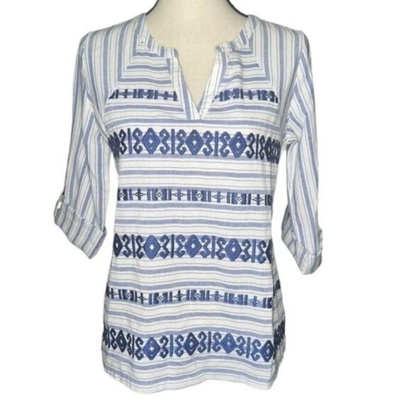 Skies Are Blue Womens Embroidered Cotton Tunic Top Split Neck Striped Size 6 - Picture 1 of 7